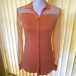 Princess Vera Wang Salmon Pink Sheer Panel Collared Button Up Blouse Top